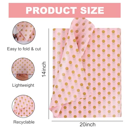 BEISHIDA Pink and Gold Tissue Paper Bulk, Polka Dot Wrapping Tissue Paper for Gift Bags, 14 x 20 Inch Gift Wrap for Christmas Birthday Wedding Graduation DIY Crafts Holiday Flowers,50 Sheets - color: dots-pinkgold