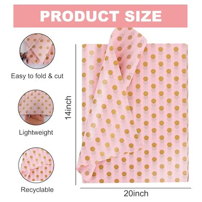 BEISHIDA Pink and Gold Tissue Paper Bulk, Polka Dot Wrapping Tissue Paper for Gift Bags, 14 x 20 Inch Gift Wrap for Christmas Birthday Wedding Graduation DIY Crafts Holiday Flowers,50 Sheets - color: dots-pinkgold