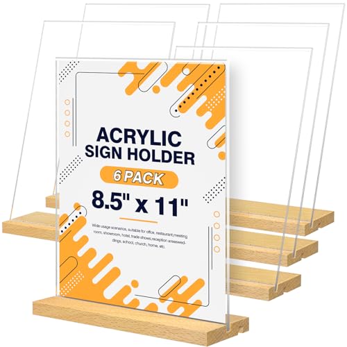 8.5 x 11 Acrylic Sign Holder with Wood Base - Tabletop Display Menu Stand - Clear Plastic L/T Shape Vertical or Slant Back Paper Holders - 6 pack - style: 8.5x11in 6pack