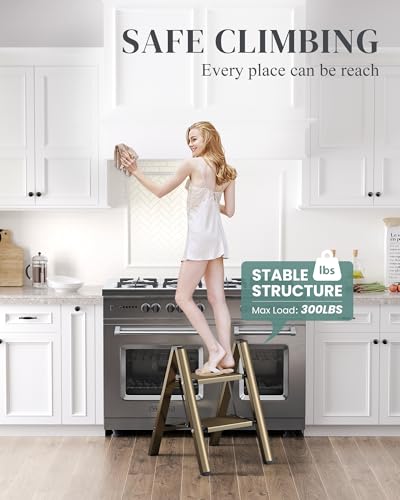 2 Step Ladder, Foldable Aluminum Step Stool with Anti-Slip Pedal - color: Champagne Gold, size: 2 Step