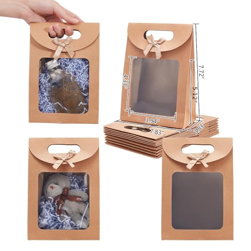 NBEADS 12 Pcs Kraft Paper Bags with Window, 2.8x5.5x7.7 Stand Up Gift Bag with Handles Brown Gift Bag with Clear Window for Candy Cookies Packaging Wedding Christmas Party Store Retail, Tan - color: Tan-12Pcs-l.w.h:5.51x2.8x7.7"