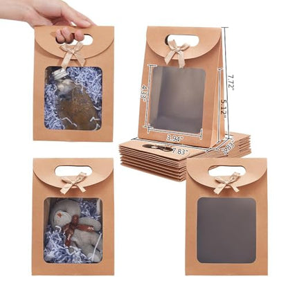 NBEADS 12 Pcs Kraft Paper Bags with Window, 2.8x5.5x7.7 Stand Up Gift Bag with Handles Brown Gift Bag with Clear Window for Candy Cookies Packaging Wedding Christmas Party Store Retail, Tan - color: Tan-12Pcs-l.w.h:5.51x2.8x7.7"