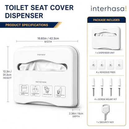 Commercial Toilet Seat Cover Dispenser Wall Mounted No Drilling Toilet Tissue Cover Holder with Key Lock & Keyless Access, High Impact ABS Plastic for Public Restrooms (White)