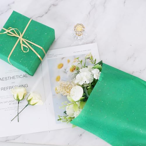 BEISHIDA 50 Sheets Dark Green Glitter Tissue Paper Bulk, Glitter Tissue Wrapping Paper for Gift Bags, 14 x 20 Inch Gift Wrap for Birthday Wedding Graduation DIY Crafts Holiday Flowers - color: green
