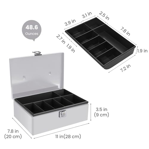 Flexzion Cash Box with Money Tray, Latch Lock, 11 x 7.7 x 3.5 Inch, Silver - color: Silver