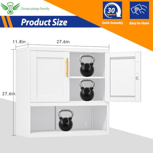 GAIOUS Metal Garage Wall Cabinet with Lock, Wall Mounted Steel Tool Cabinet - color: White, size: 11.81"D x 27.6"W x 27.6"H