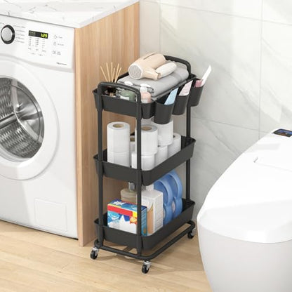 JIUYOTREE 3-Tier Plastic Rolling Storage Cart Utility Cart Black - color: Black, size: 3-Tier