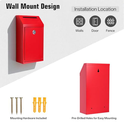 Sumerfnt Money Cash Drop Box Wall Mount, Metal Money Box with Lock and Slot, Money Collection for Farm Stand Supplies, Self-Serve, Tips, Fundraising, 10.24" x 5.7" x 2.95", 4 Keys, Red - color: Red