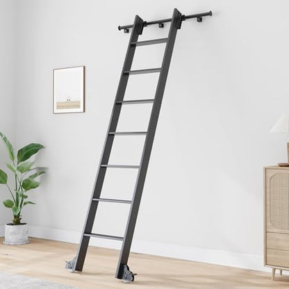 Fredbeck Rolling Library Step Ladders 96 inch Tall with 12FT Sliding Hardware Track Kit 7 Steps for Bookshelf wall Home Ladder