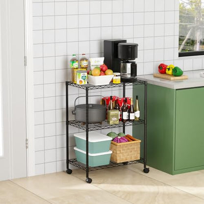 FDW | 3-Tier Wire Shelf with Wheels | 23" x 13" x 31" | Black - color: Black, size: 3-Shelf With Wheels