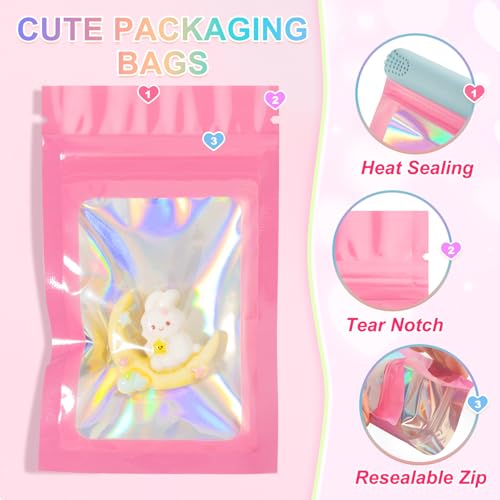 ANZNKU 100PCS Holographic Pink Mylar Bags, Resealable Smell Proof 2.4x3.9 - color: Pink, size: 2.4 x 3.9 Inch