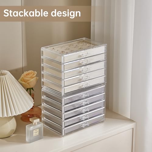 Acrylic Jewelry Box with 5 Drawers, Clear Earring Holder Organizer Rings Display Case with Adjustable Velvet Trays for Women Girls, Grey - color: Grey