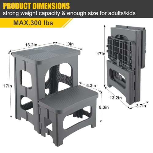 Folding 2-Step Stool for Adults Kids Non-Slip Collapsible Portable Step Stool for Kitchen Home Toilet Bedroom Office Bathroom Rv,Holds 300 Lbs(Grey)