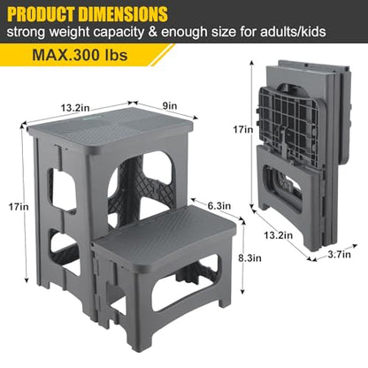Folding 2-Step Stool for Adults Kids Non-Slip Collapsible Portable Step Stool for Kitchen Home Toilet Bedroom Office Bathroom Rv,Holds 300 Lbs(Grey)