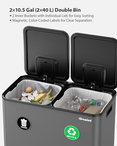 Lovewind Trash Can, 2 x 10.5 Gallon (2 x 40 L) Garbage Can for Kitchen Dual Compartment Recycling Kitchen Step Trash Bin, Stainless Steel Trash and Recycle Bin Combo with Soft-Close Lid, Grey - color: Grey