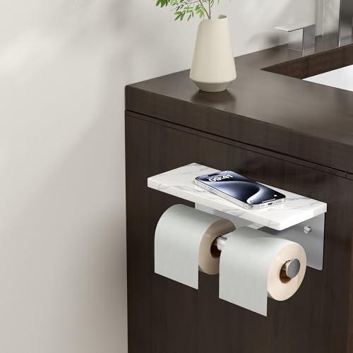 FORIOUS Double Marble Toilet Paper Holder with Phone Shelf, Commercial - color: Brushed Nickel, size: Double Roll