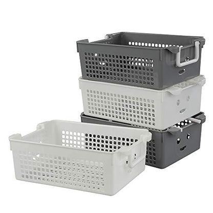 Stackable Plastic Storage Baskets with Handles, Set of 4(White, Grey) - size: stacking baskets