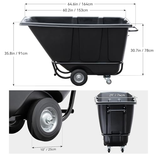 Tilt Dump Truck 850 lbs Capacity, 1/2 Cu.Yd Heavy Duty Trash Cart with Wheels, Forklift-Able Frame, Plastic Utility Dump Cart for Construction, Warehouse & Industrial Use (3-Pack) - size: 3PC