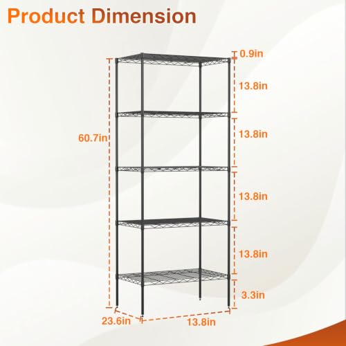 BestOffice | 5-Tier Wire Shelf | 14" x 24" x 60" | Black - color: Black, size: 14"D x 24"W x 60"H