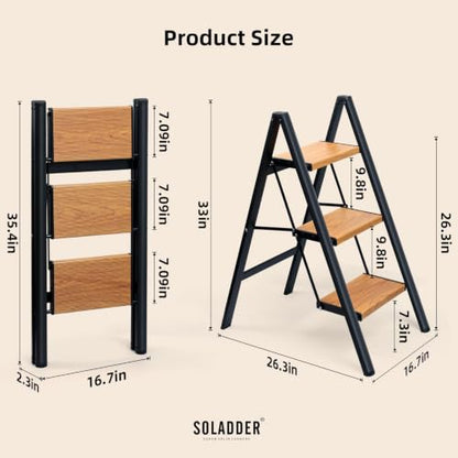SOLADDER 3 Step Ladder, Folding Step Stool, Black & Woodgrain - color: Black&woodgrain, size: 3 Step