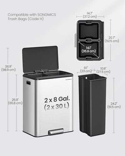 SONGMICS Trash Can, 2 x 8 Gallon (2 x 30 L), Stainless Steel - color: Metallic Silver