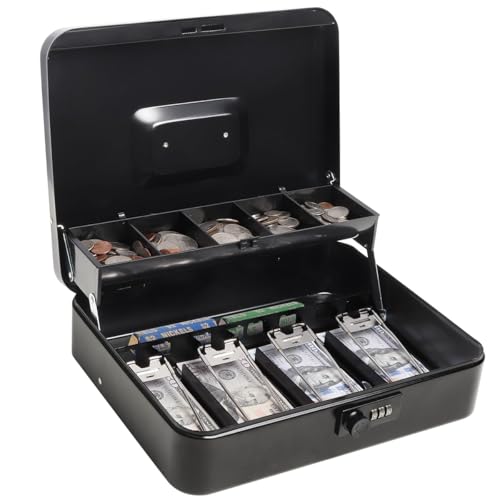 Cash Box with Combination Lock and Money Tray, Durable Metal Money Box for Cash Register, 4 Bill / 5 Coin Slots, Safe Storage for Home & Small Business, 11.8" x 9.5" x 3.5", Cmb-Black - color: Cmb-Black