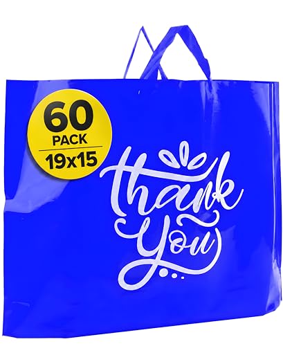 19x15 Large Thank You Bags with Handles for Small Business, 60 pack - color: Blue