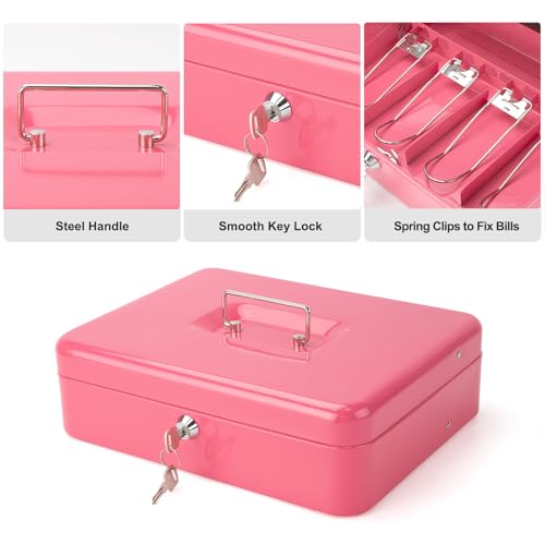 Cash Box with Key Lock & Foam Auto-Pop Coin Tray – Secure Steel Money Box with 4 Upgraded Finger-Safe Bill Clips, Premium Smooth Scratch-Resistant Coating, 11.8"L x 9.5"W x 3.5"H, KL Hot Pink - color: KL Hot Pink