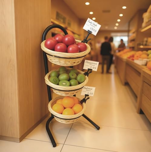 FixtureDisplays 3 Tier Wicker Basket Metal Stand with Sign Clips, Market Basket Storage Organizer 19425
