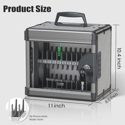 24 Slots Cell Phone Locker for Classroom with Key, Portable Mobile Phone Storage Box with Handle & Charging Hole, Phone Lock Box Wall Mounted for School (Black, 24 Slots) - size: 24 Slots
