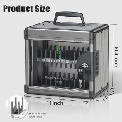 24 Slots Cell Phone Locker for Classroom with Key, Portable Mobile Phone Storage Box with Handle & Charging Hole, Phone Lock Box Wall Mounted for School (Black, 24 Slots) - size: 24 Slots