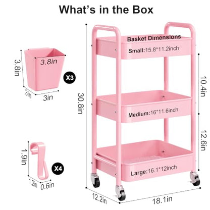 3 Tier Rolling Cart Metal with Lockable Wheels,Pink Baby Diaper Caddy Carts - color: Soft Pink, size: 3 Tier + Cups + Hooks