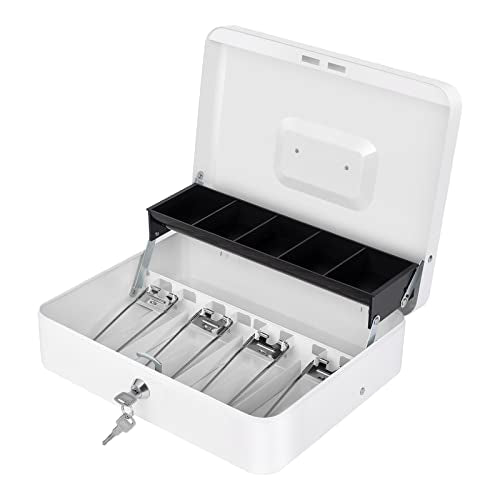 Large Cash Box with Money Tray and Lock Metal 11.8" x 9.4" x 3.54" Black + White