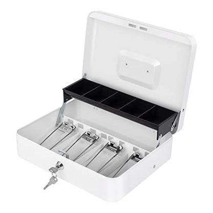 Large Cash Box with Money Tray and Lock Metal 11.8" x 9.4" x 3.54" Black + White