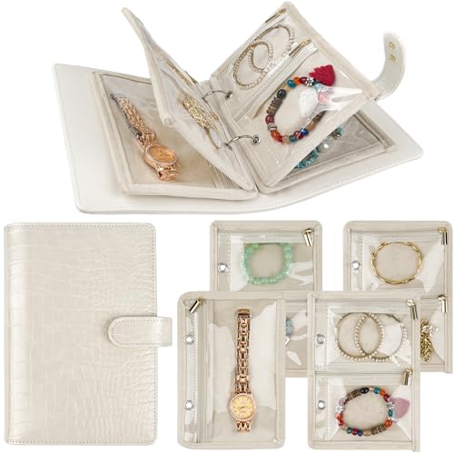 Travel Jewelry Organizer Case,Small Jewelry Bags Jewelry Storage Book Ring Binder with Clear Zipper Velvet Pouch for Traveling - color: Case,Beige