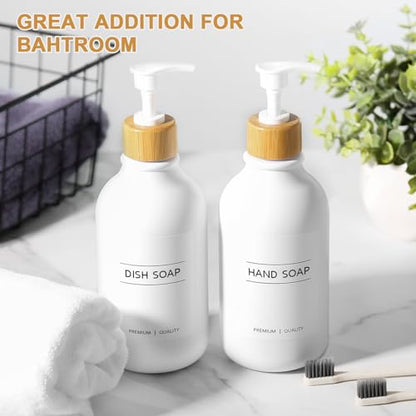 KASUNTING White Soap Dispenser, 2 Pack Plastic Bathroom Hand Soap and Lotion Dispenser Set with Bamboo Pump, 17 Fl Oz Hand and Dish Soap Dispensers Set for Kitchen, Refillable Liquid Soap Bottles - color: White, size: 2 Bottles