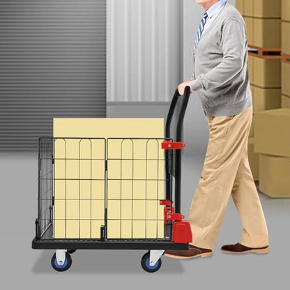 Platform Truck Cart with Removable Cage 4-in-1 Heavy Duty Push Cart Dolly Load 330LBS with Swivel Casters, Multipurpose Platform Hand Truck Dolly for Grocery/Stall/Storage