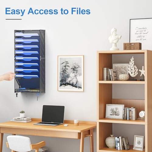 OUTWOLF 10 Tier Hanging Wall File Organizer Wall Mount Paper Document Folder Holder with Hooks for Home Office Organization - color: 10 Pocket
