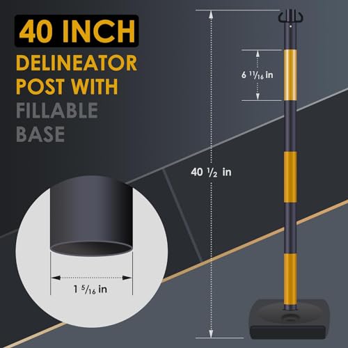 4 Pack Portable Work Zone Chain Post Set, Premium Crowd Control Stanchion Set, 3 x 20' Ft Plastic Chains, 4 x 40" inch Traffic Delineator Post Cones with Water Fillable Base (Gold Black)