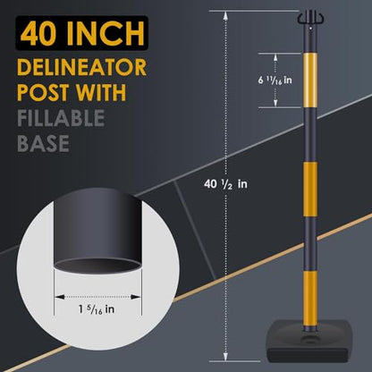 4 Pack Portable Work Zone Chain Post Set, Premium Crowd Control Stanchion Set, 3 x 20' Ft Plastic Chains, 4 x 40" inch Traffic Delineator Post Cones with Water Fillable Base (Gold Black)