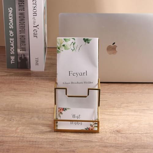 Feyarl Gold Glass Brochure Holder Pamphlets Cards Literature Holder Flyer for 4" Trifold Holder Glass Display Stand with Business Card Holder for Brochures Magazines Literatures Display Countertop