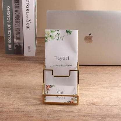 Feyarl Gold Glass Brochure Holder Pamphlets Cards Literature Holder Flyer for 4" Trifold Holder Glass Display Stand with Business Card Holder for Brochures Magazines Literatures Display Countertop