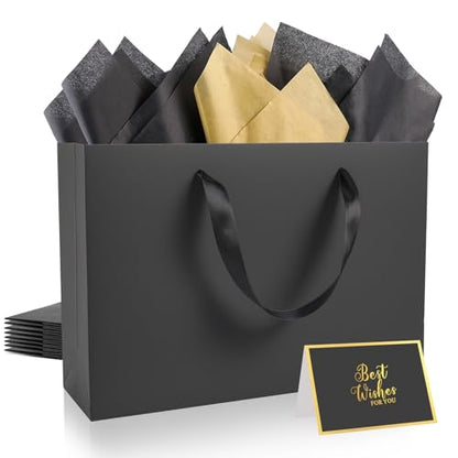 Epoesch 4 Pack Medium Black Gift Bags with Handles and 12 Tissue Papers - color: Black Gift Bags