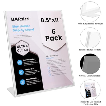 BARsics Plastic Sign Holder 8.5x11 Clear, Top-Load Paper Standing Display (Pack of 6)
