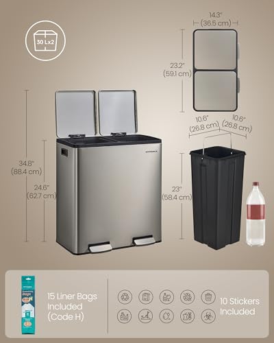SONGMICS Trash Can, 2 x 8 Gallon (2 x 30 L) Double Compartment - color: Silver, size: 2 x 8 Gal.