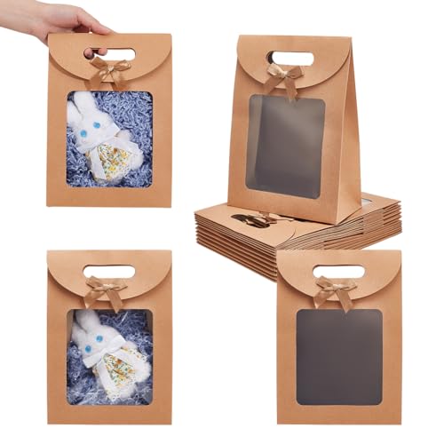 NBEADS 12 Pcs Tan Kraft Paper Bags, Stand Up Gift Bags with Handles and Transparent Window for Candy Cookies Packaging Wedding Christmas Party Store Retail, 7.48×3.58×10.24" - color: Tan-12Pcs-l.w.h:7.48x3.58x10.24"