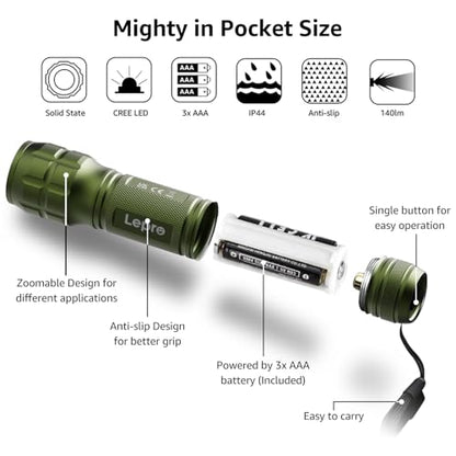 Lepro LED White Light Flashlight, High Lumens Waterproof Adjustable Focus - color: Green
