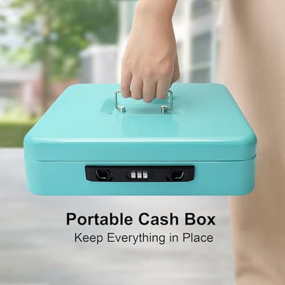 Jssmst Metal Cash Box with Money Tray and Lock, Portable Cash Drawer, 11.8" - color: Light Blue Code-B