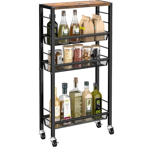 Slim Rolling Cart, 4-Tier Narrow Kitchen Storage Cart, Slim Utility Cart on Wheel, Skinny Bathroom storage cart with Wood Tabletop, 6.0" Deep, For Kitchen, Dining Room, Living Room, Laundry Room - color: Rustic Brown