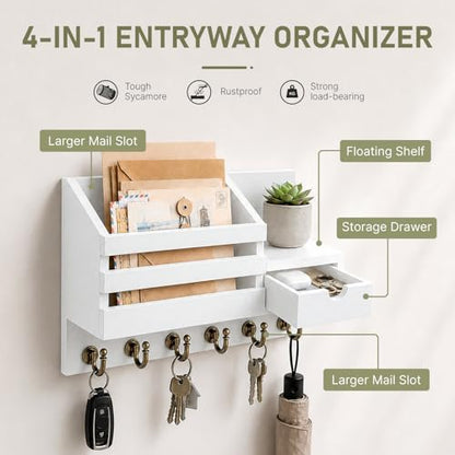 FifthQuarter Key and Mail Holder Wall Mount with Drawer and 6 Sturdy Hooks - color: A-White